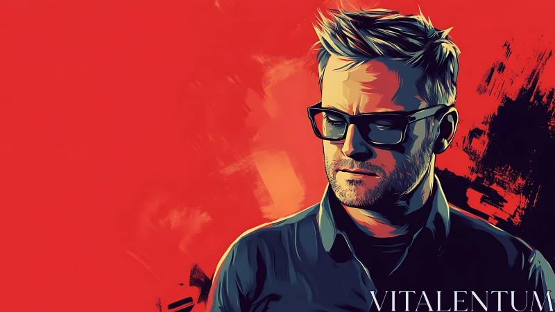 Brooding glasses and blazing red backdrop ignite quiet drama.