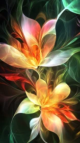 Luminous flame-flowers unfurl in neon swirling bloom.