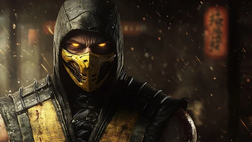 Hooded armored fighter with glowing eyes under dynamic sparks lighting