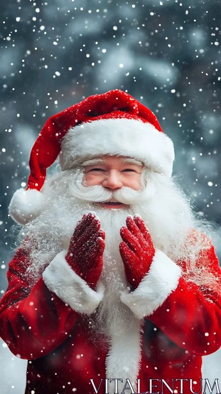 Joyful Santa laughing beneath a whirling winter snowfall.