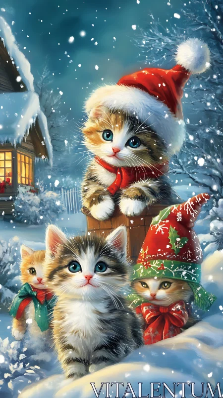 Festive Kittens in Winter Snow - Holiday Scene.