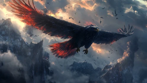 Volcanic-plumed war eagle traversing storm-laden alpine skies.