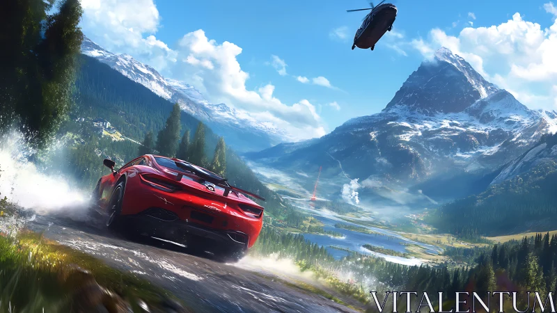 Aerial pursuit of red supercar across alpine river valley.