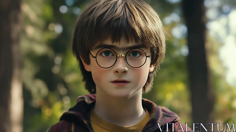 Young dreamer in round glasses beneath forest daylight.