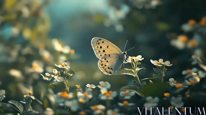 Soft-lit butterfly resting amid glowing meadow flowers.