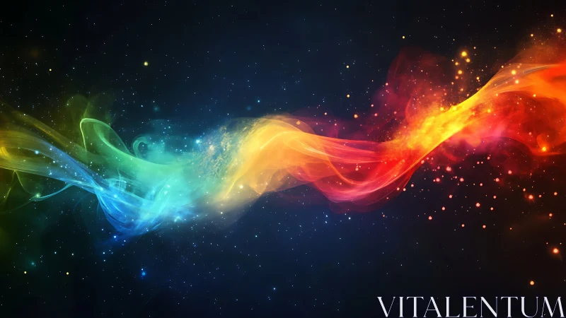 Multicolor light band across star-filled dark background.