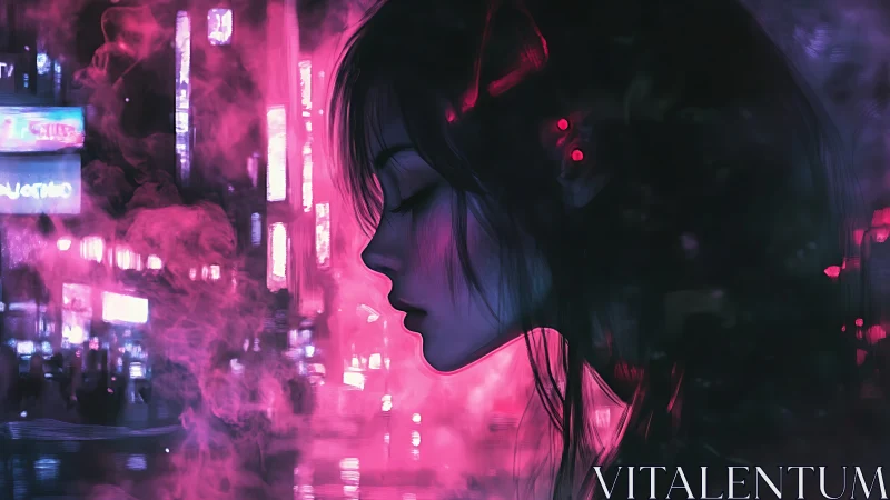 Cyberpunk profile portrait in neon magenta fogscape composition.