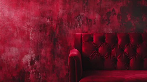 Luxurious red velvet sofa against textured red painted wall.