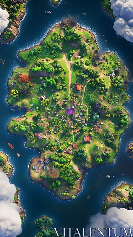 Verdant Island Surrounded by Azure Waters and Clouds.