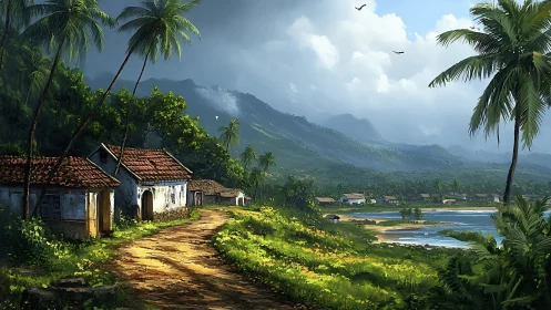 Tropical Mountain Valley with Abandoned Structures and Palm Trees.
