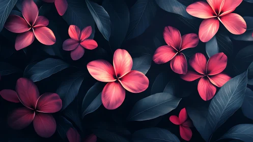 Pink five-petaled flowers rendered against dark foliage background