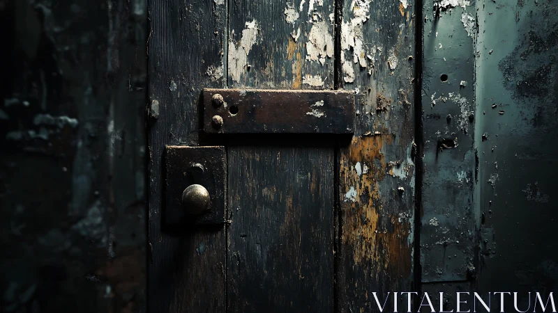 Weathered wooden door with rusted lock under moody light.