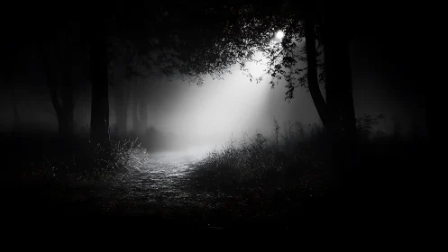 Forest path cuts through dense night toward single light