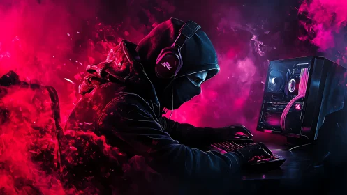 Hooded gamer uses RGB desktop PC in neon pink smoke