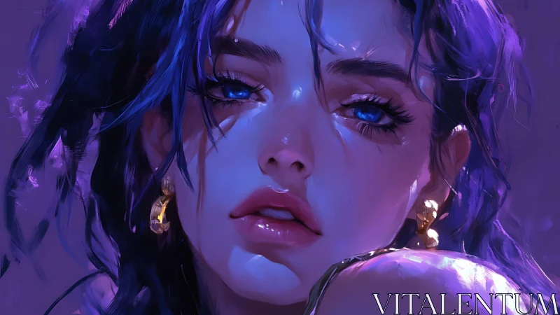 Melancholic blue-haired woman bathed in ethereal violet light.