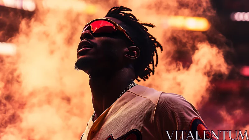Backlit baseball player in glowing stadium haze portrait.