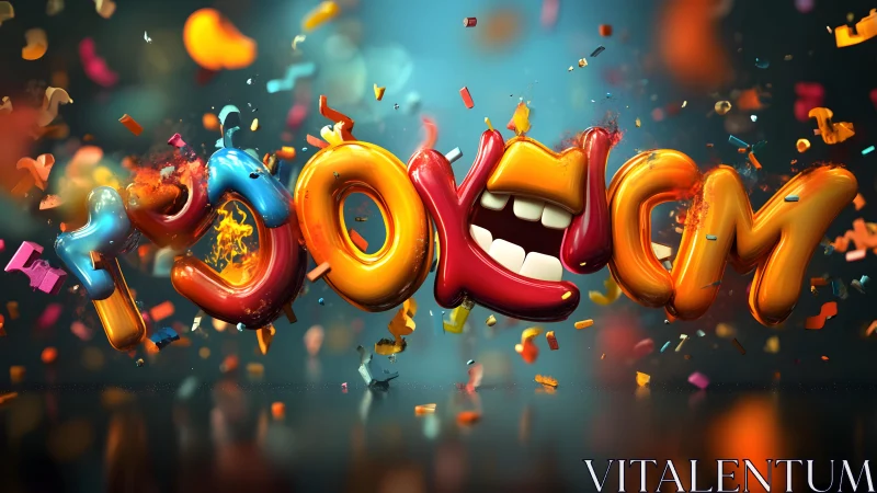 Vibrant 3D Cartoon Letters with Animated Mouth and Confetti Burst.