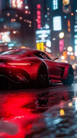 Red sports car at night in neon lit rainy city street.
