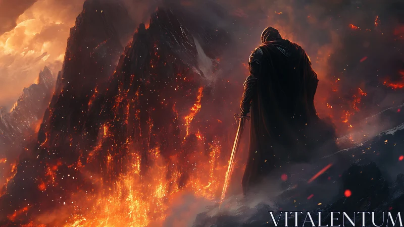 Armored warrior overlooks erupting lava mountain in cinematic backlight