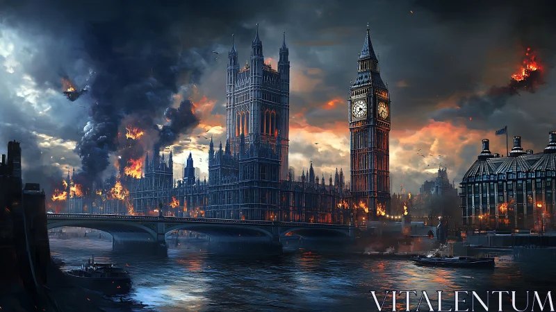 Burning Westminster skyline engulfs London in dramatic chaos.