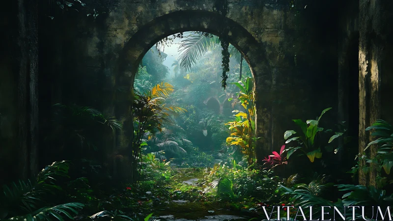 Overgrown stone archway frames luminous jungle garden.