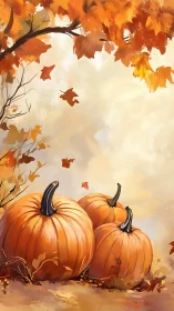 Three pumpkins rest under overhanging autumn foliage