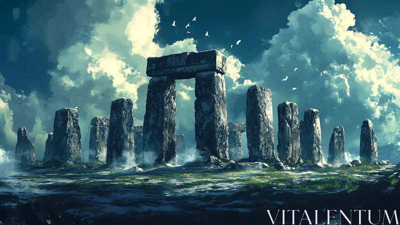 Ancient stone circle rises quietly beneath storm-bright clouds