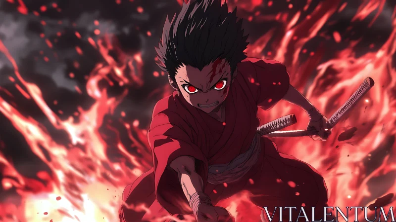 Anime swordsman in red kimono amid dynamic red flames.