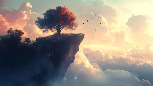Solitary tree stands on a high floating cliff above dense clouds