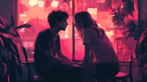 Neon Connection: Two Figures in Pink Cyberpunk Interior.