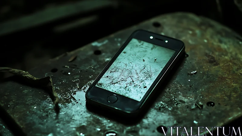 Forgotten phone reflecting ghostly branches in teal gloom.