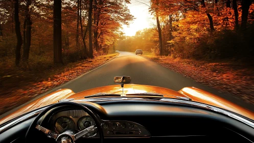 Vintage roadster cockpit on winding autumn forest highway
