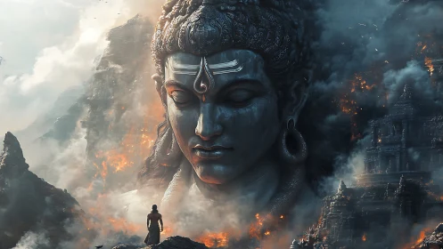 Colossal mountain deity dreaming over ember-lit temples.