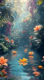Butterflies drift above lilies as a secret river glows