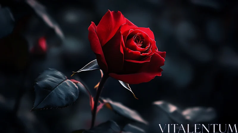 Red Rose Against Dark Background with Foliage Detail.