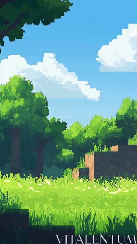 Pixel forest clearing uses blocky lighting gradients and depth cues