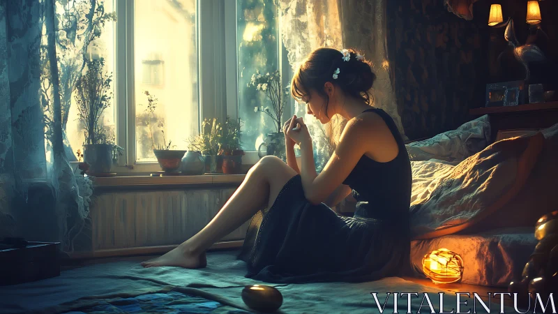 Young woman savors quiet sunrise in a softly lit bedroom