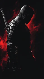 Armored swordsman silhouette against high-contrast red backlight