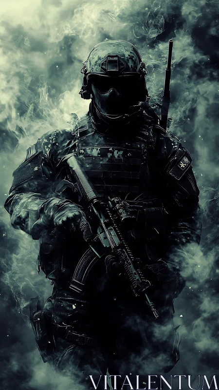 Tactical soldier emerging through swirling combat smoke.