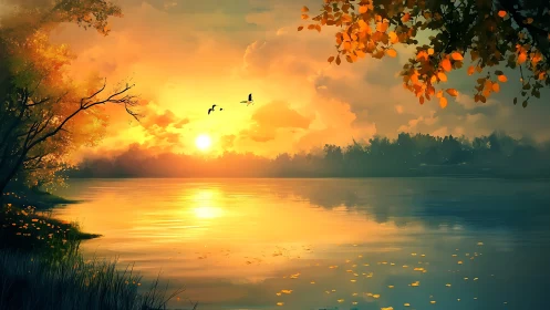 Golden hour lake sunset with glowing foliage reflections.