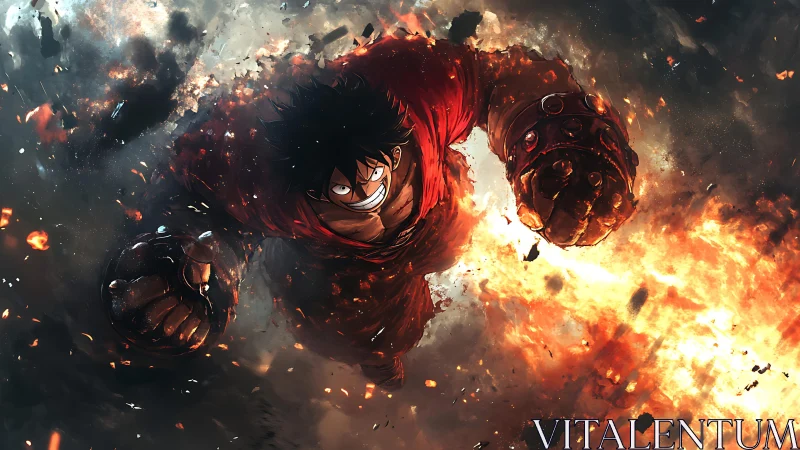 Explosive anime hero charges forward through swirling fire