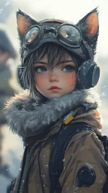 Snowfield fox-eared pilot girl in fur parka and goggles