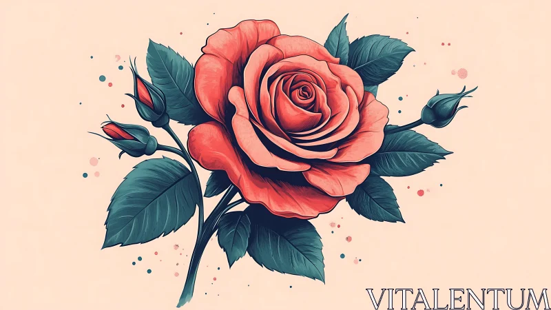 Digital rose illustration with teal leaves on pastel field.