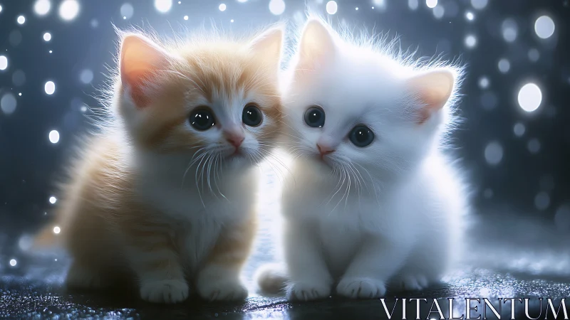 Twin White Kittens with Large Eyes in Luminescent Winter Setting. 3D Rendered.