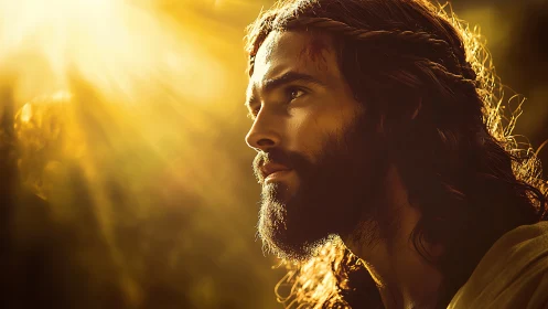 Side profile portrait of long-haired bearded man in sunlight