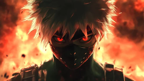 Fierce masked warrior before blazing inferno backdrop.