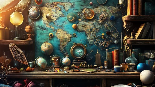 Vintage explorer’s desk glows before a grand teal world map