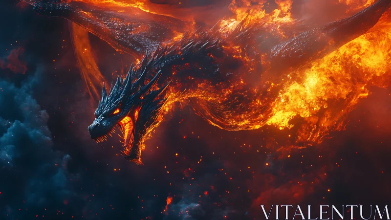 Fiery black dragon erupting from dark storm clouds.