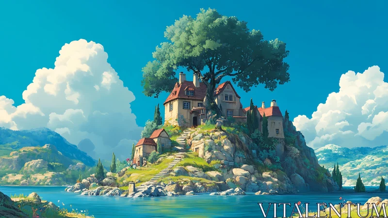 Clifftop Castle Estate with Towering Oak and Mountain Vistas.