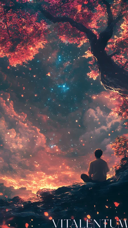 Solitary figure under glowing trees and star-filled night sky.